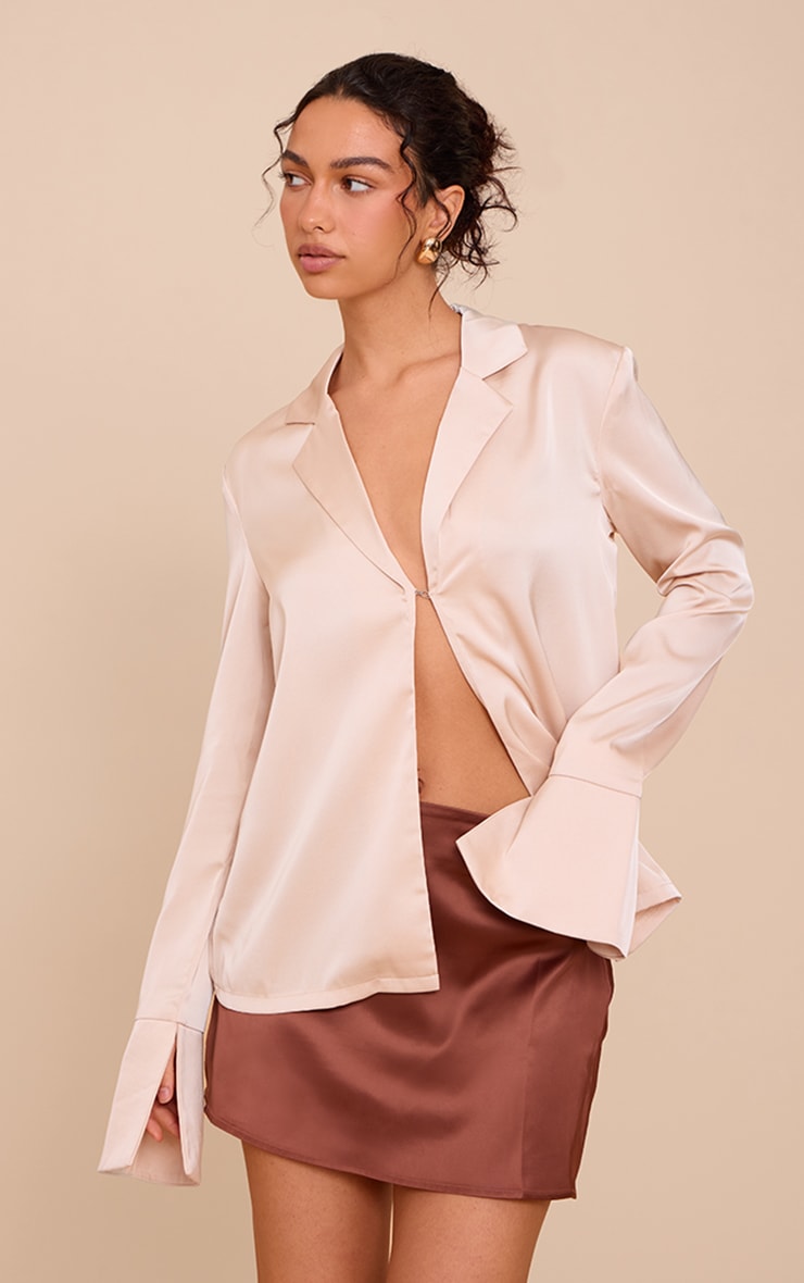 Champagne Satin Hook And Eye Detail Oversized Shirt image 1