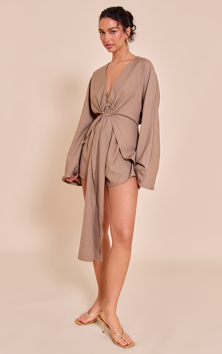 Mushroom Woven Trim Detail Plunge Drape Romper image 3