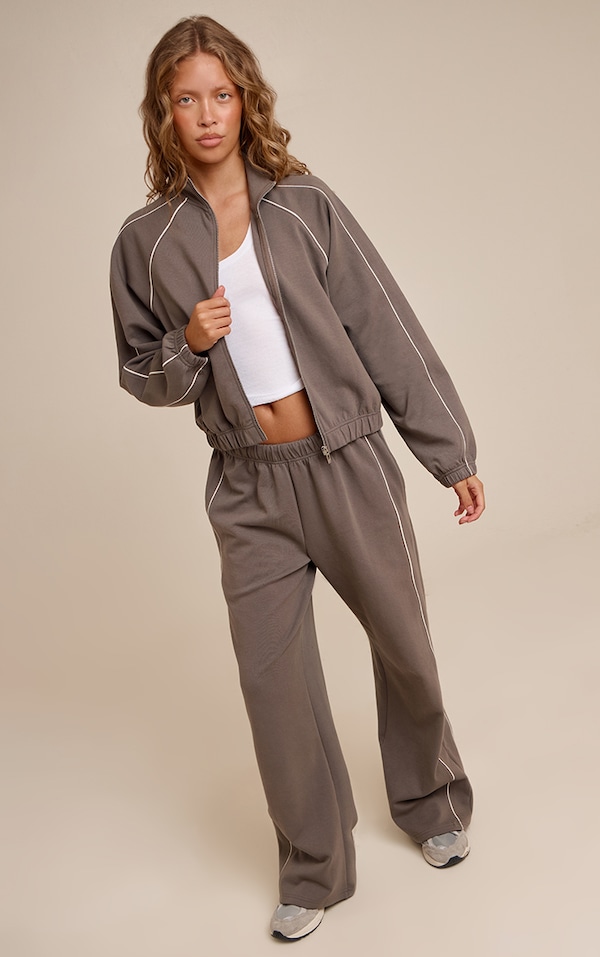 Charcoal Interlock Contrast Piping Wide Leg Track Pants