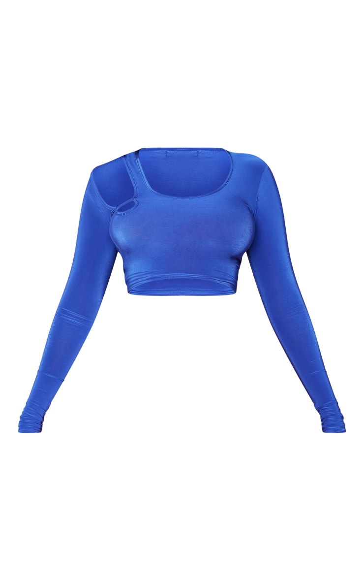 Bright Blue Slinky Side Cut Out Long Sleeve Crop Top image 5
