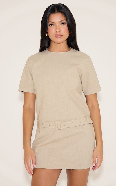 Stone Woven Oversized Short Sleeve Belted Mini Dress