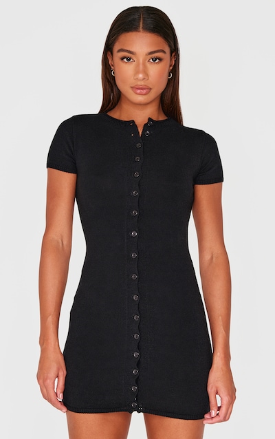 Black Soft Knit Button Through Mini Dress
