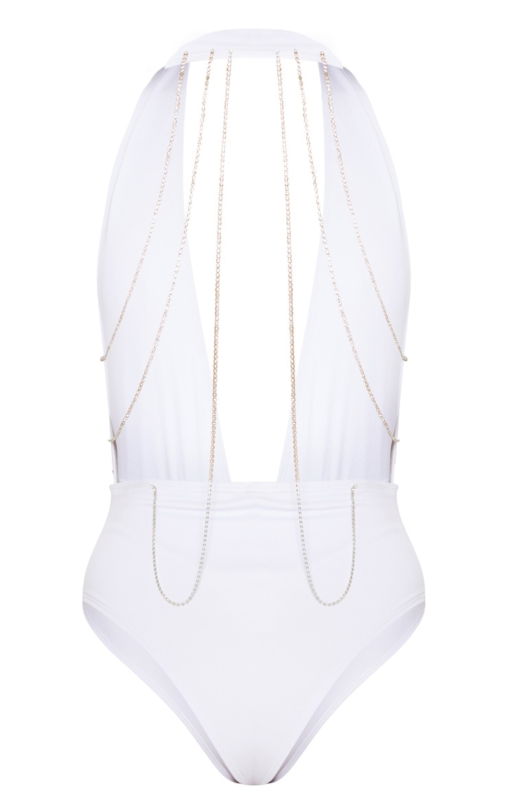 White Diamante Back Plunge Swimsuit image 4