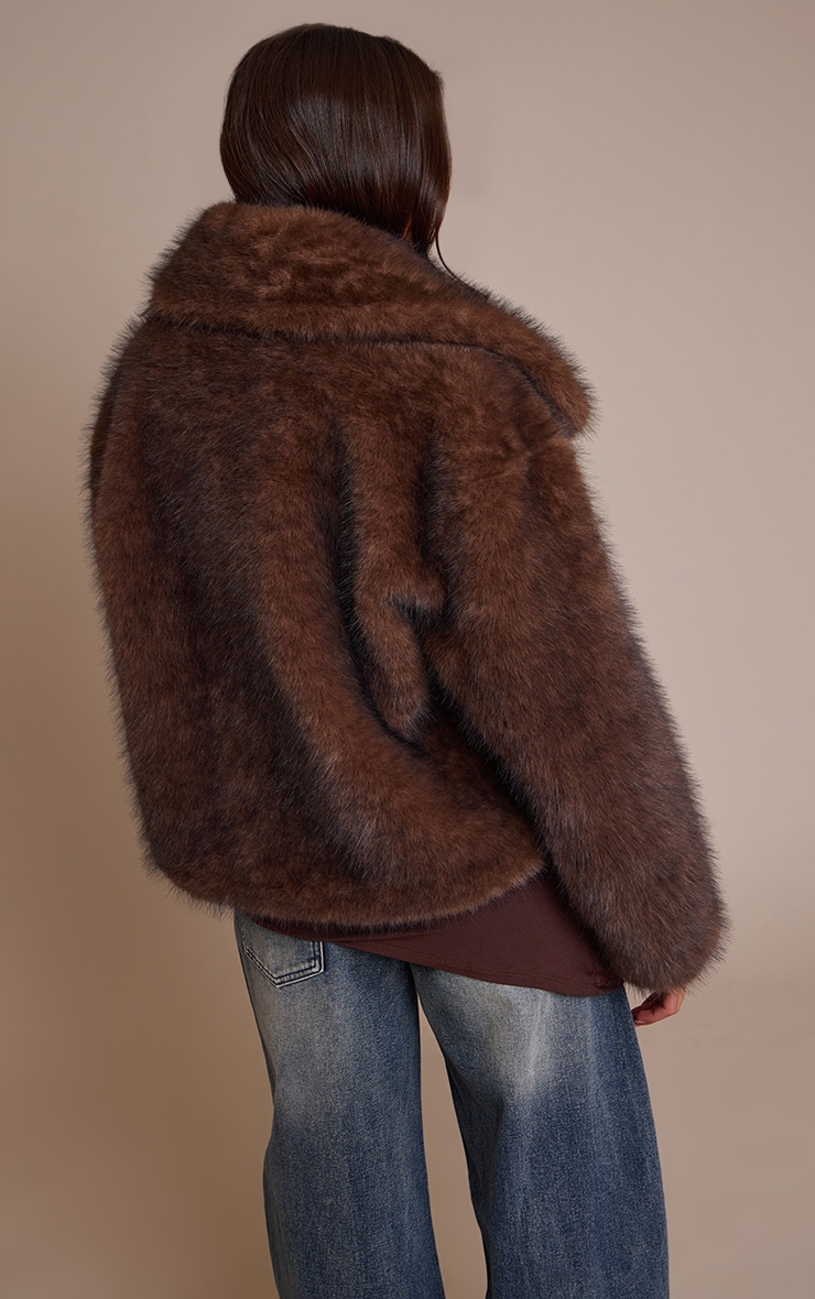 Chocolate Faux Fur Short Shawl Collar Coat image 2