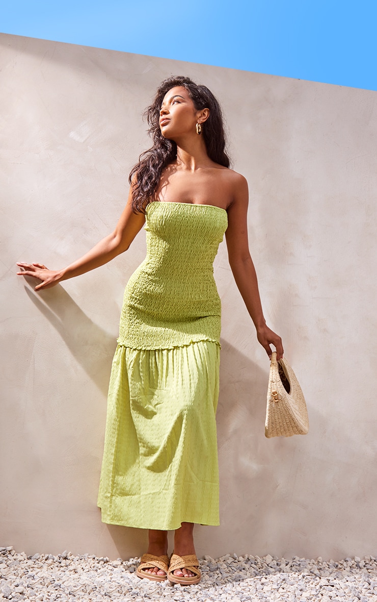Lime Shirred Bandeau Tiered Maxi Dress image 3