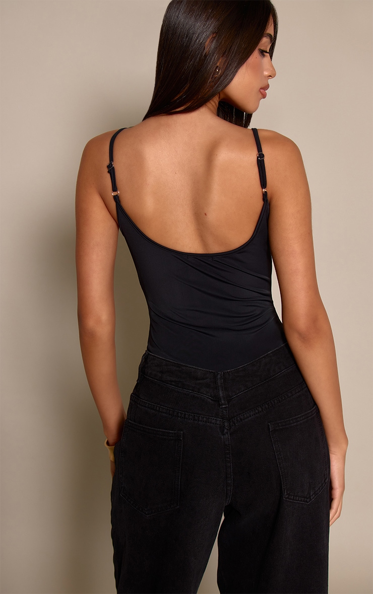 Black V Neck Strappy Matte Sculpt Bodysuit image 2
