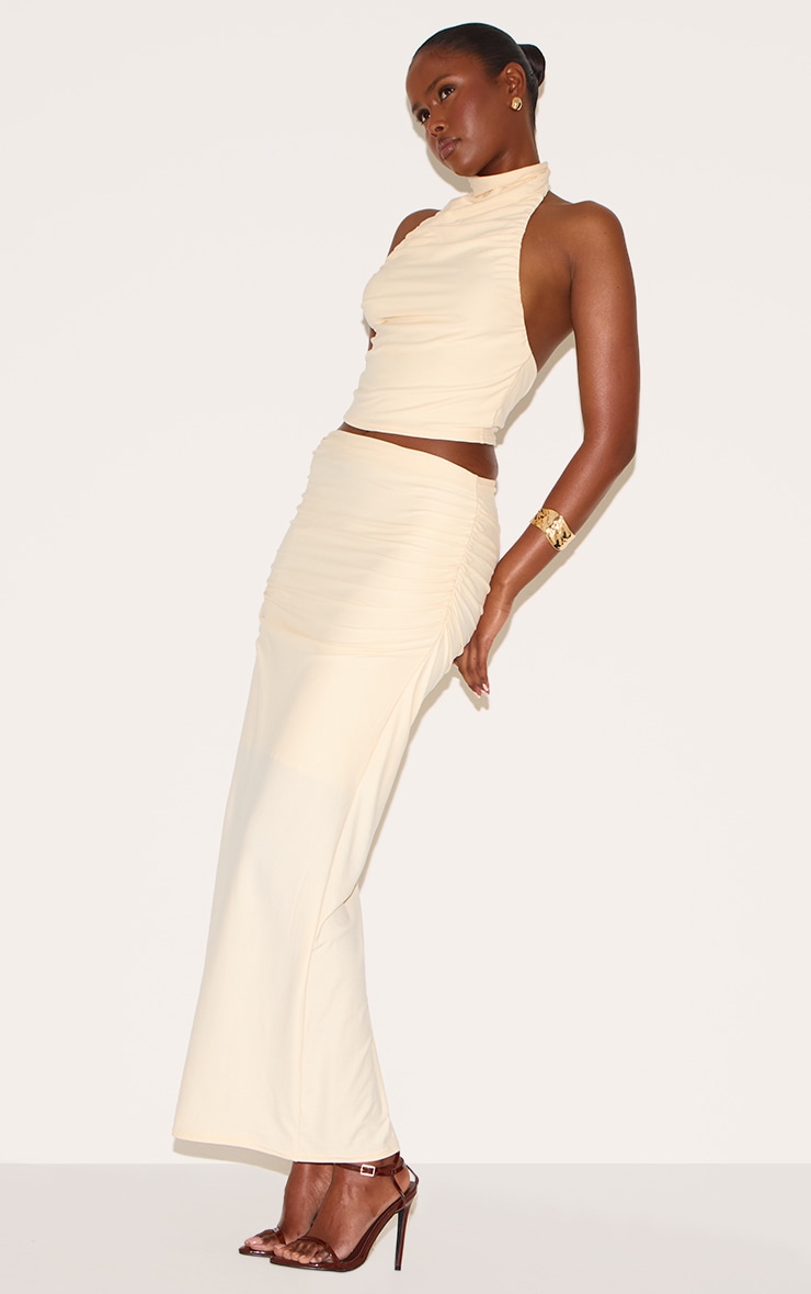 Butter Yellow Soft Touch Ruched Halter Crop Top image 3