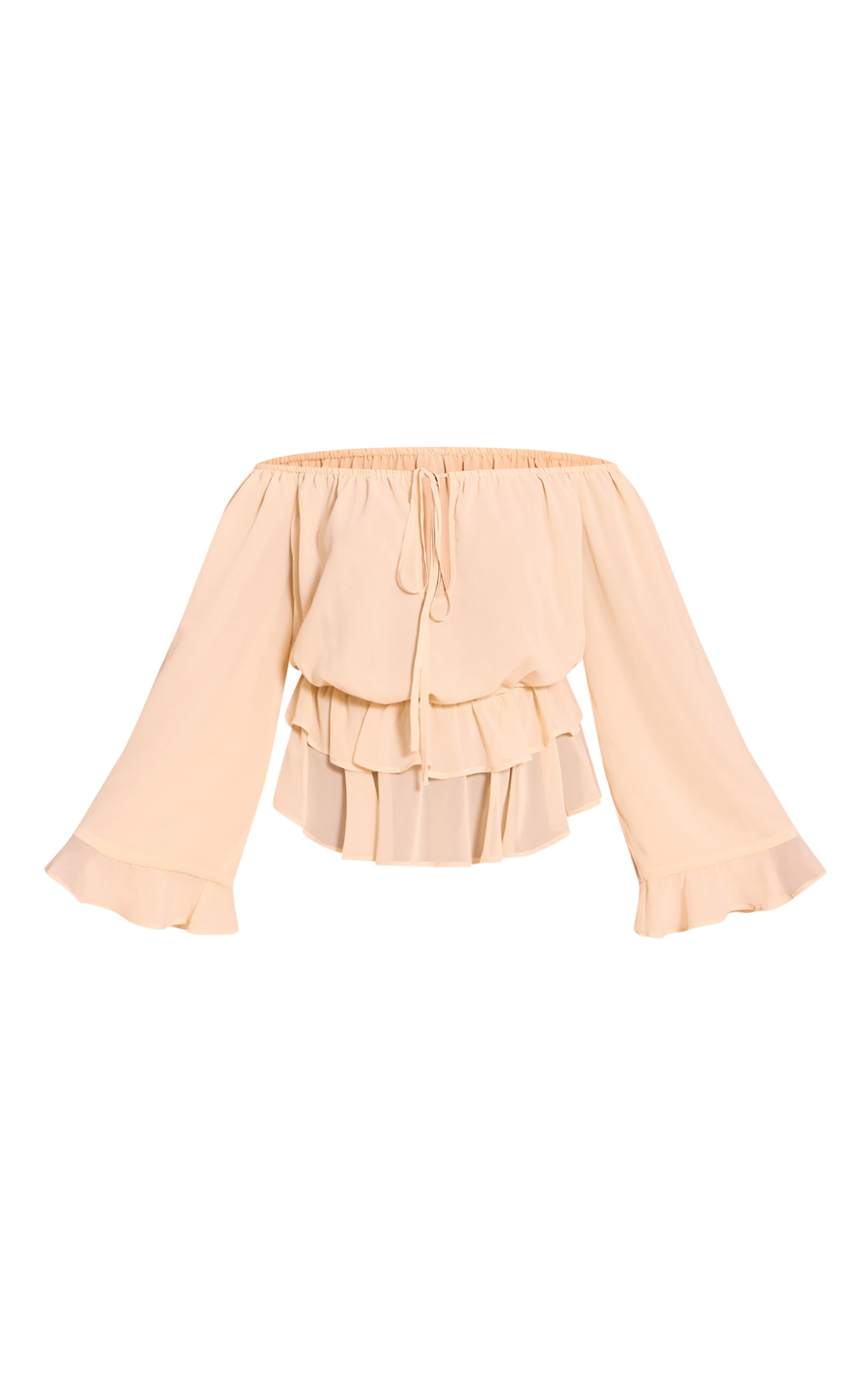 Cream Chiffon Bardot Frill Detail Long Sleeve Top image 5
