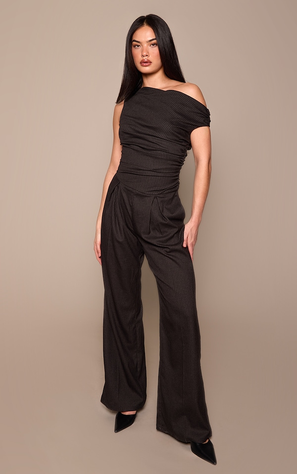 Black Woven Pinstripe Asymmetric  Wide Leg Jumpsuit