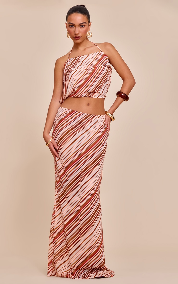Rust Chiffon Striped Halterneck Strappy Top image 3
