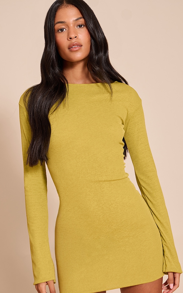Tall Olive Onion Skin Boat Neck Flute Sleeve Mini Dress
