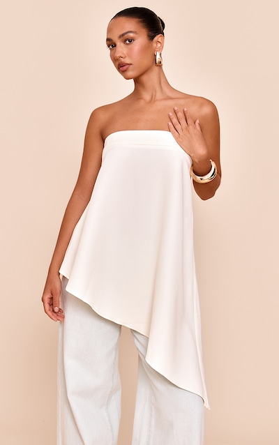 Top bustier long fluide tissé crème à ourlet asymétrique