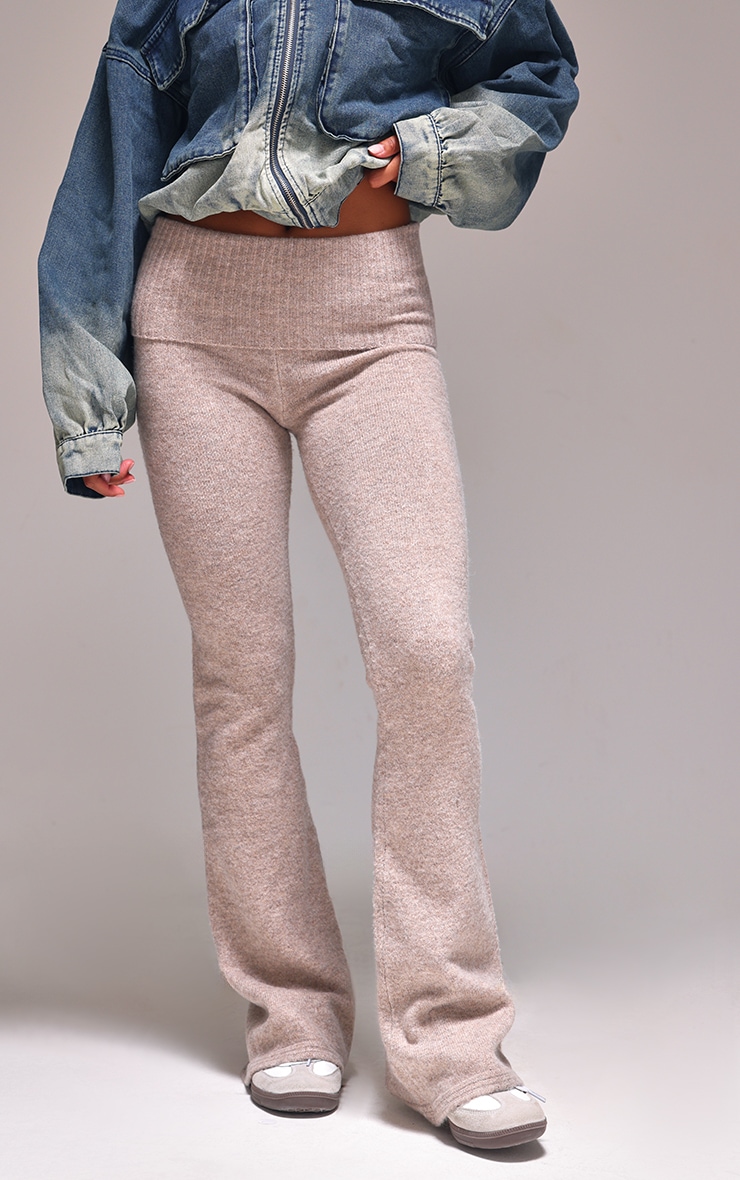 Taupe Melange Soft Knit Foldover Waist Flared Pants image 2