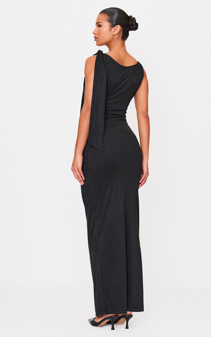 Robe longue en suédine noire drapée à détail noué image 2
