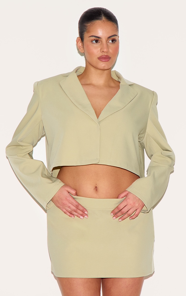 Plus Sage Green Tailored Woven Boxy Cropped Bow Detail Blazer image 4