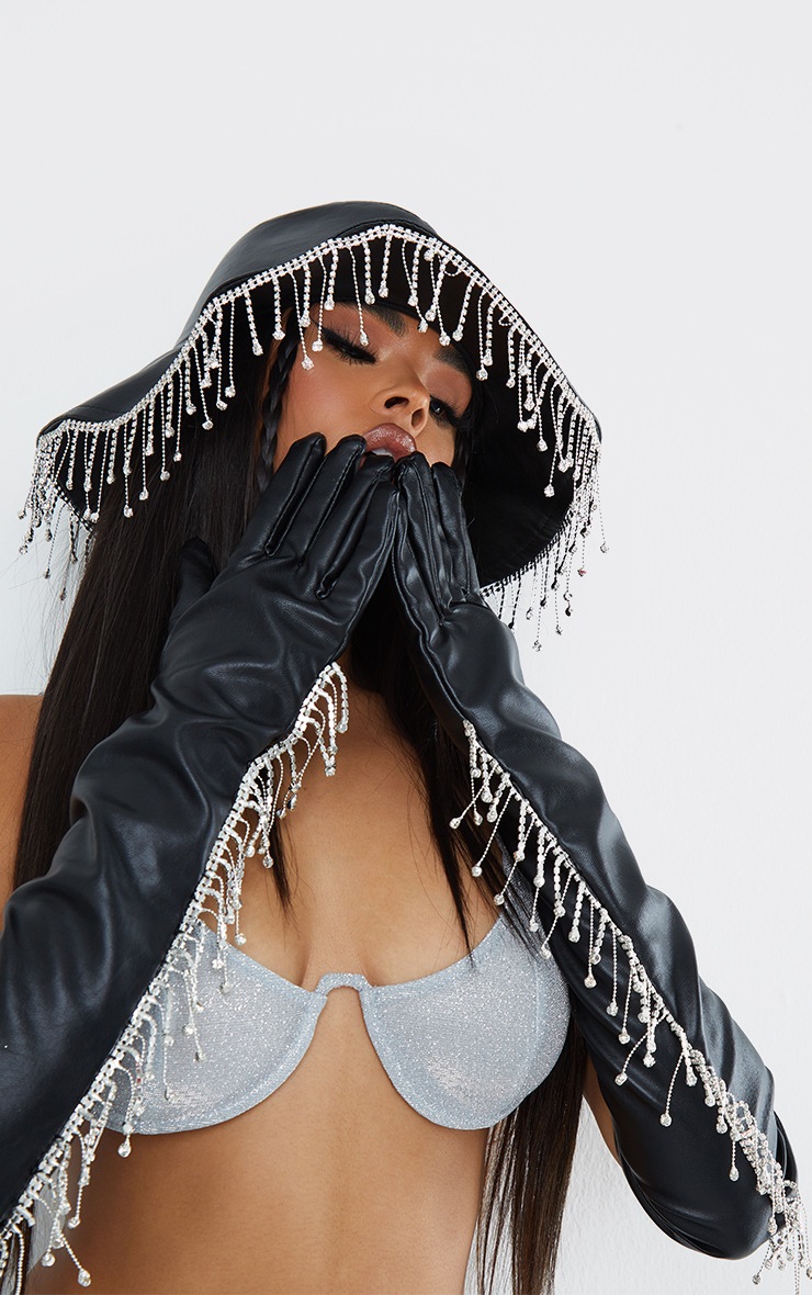Black PU Diamante Gloves