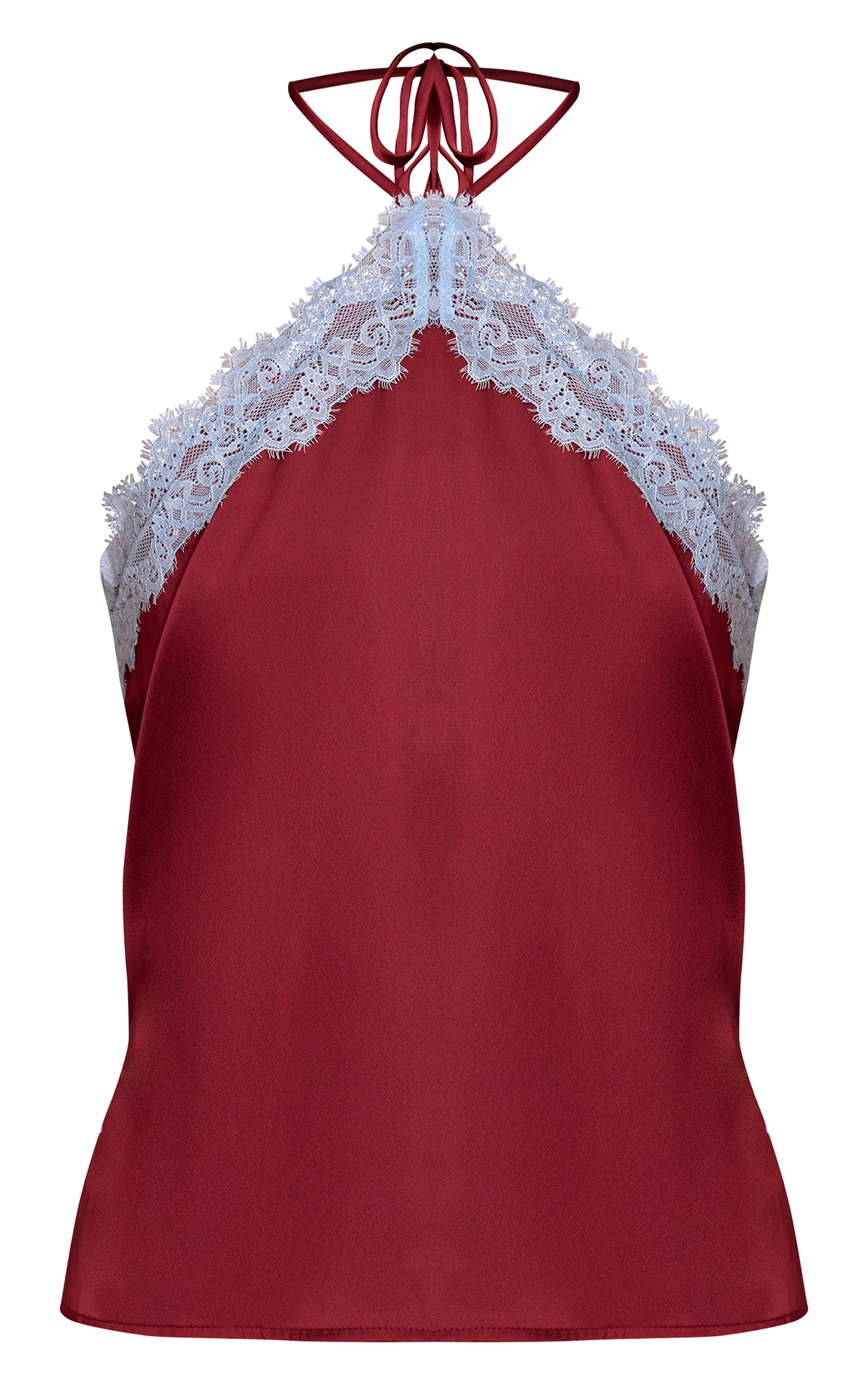 Burgundy Satin Contrast  Lace Trim Halterneck Cami Top image 5