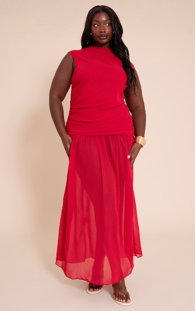 Plus Red Chiffon Ruched Dropped Waist Sleeveless Maxi Dress