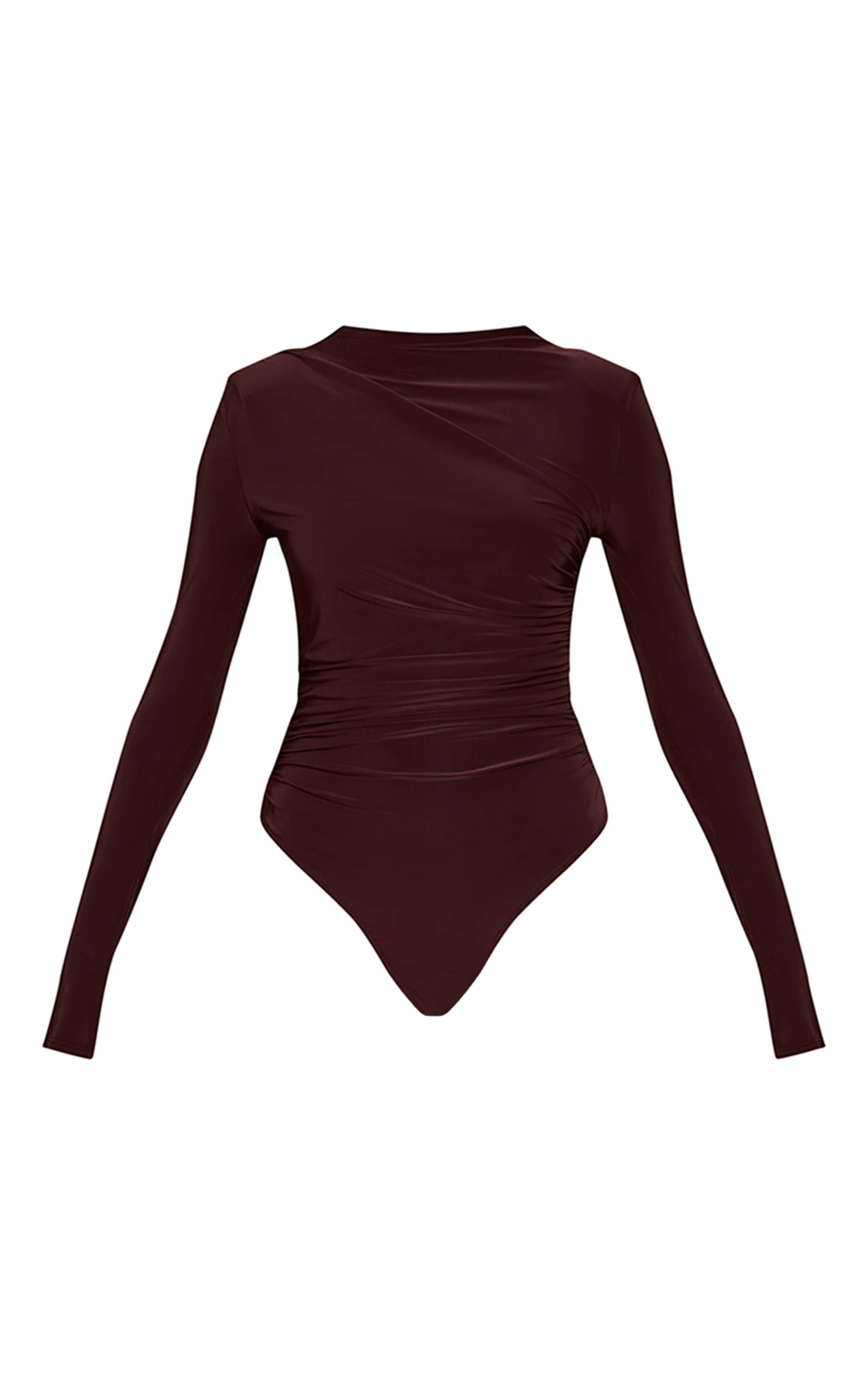 Deep Chocolate Double Layer Slinky Ruched Drape Detail Long Sleeve Bodysuit image 5