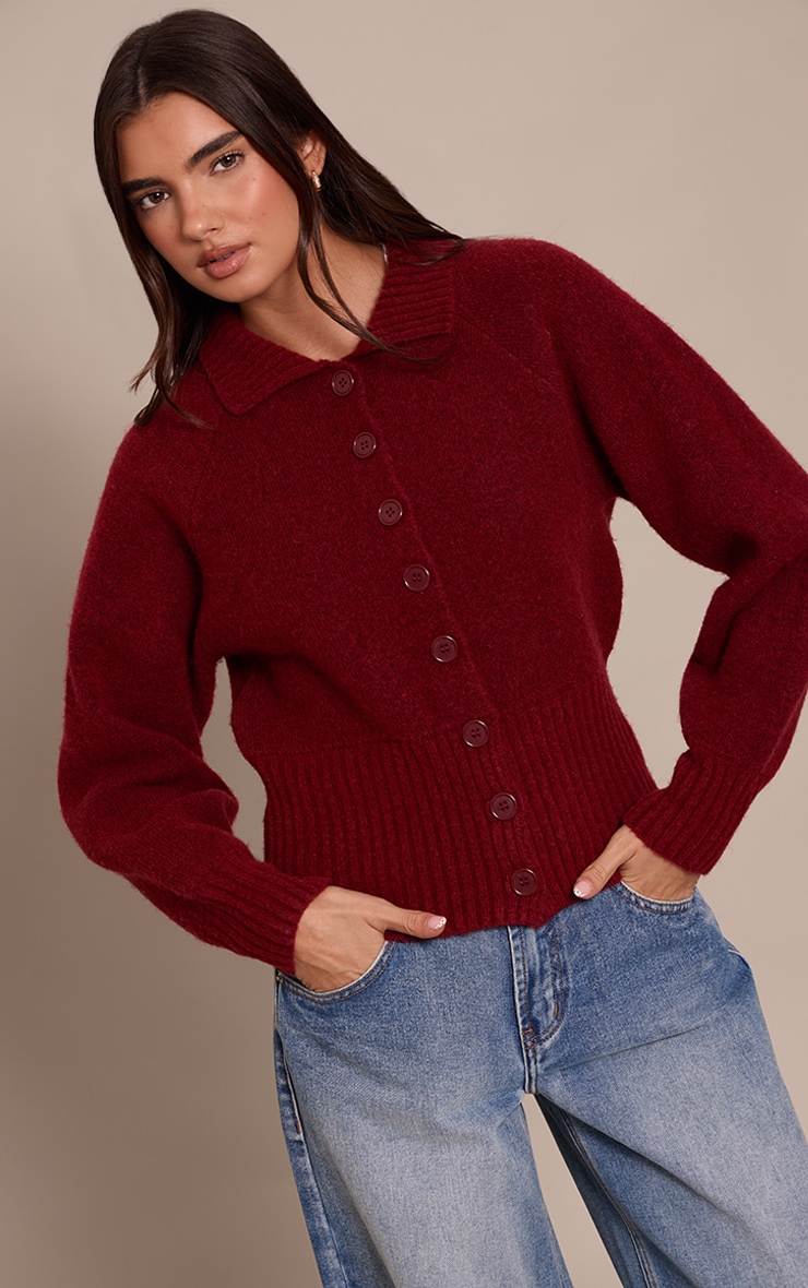 Wine Collared Waist Detail Knitted Cardigan  image 1
