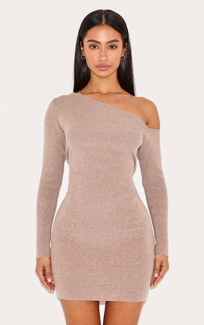 Petite Taupe Asymmetric Shoulder Ribbed Mini Dress