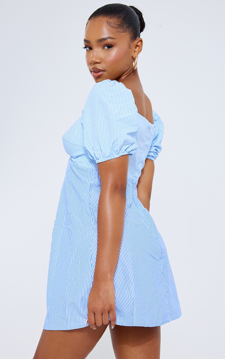 Blue Stripe Puff Sleeve Shift Dress image 2