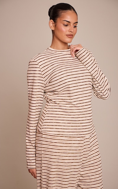 Plus Light Brown Soft Rib Striped Detail Fitted Long Sleeve Top
