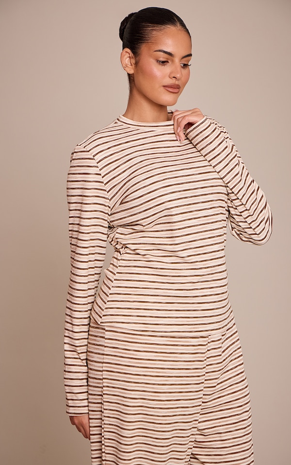 Plus Light Brown  Soft Rib Striped Detail  Fitted Long Sleeve Top 