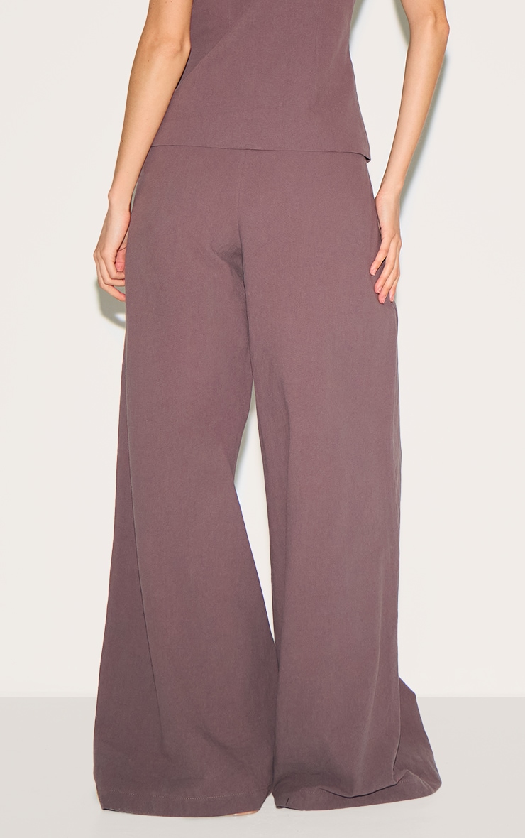 Dark Brown Linen Look Wide Leg Pleated Pants image 3