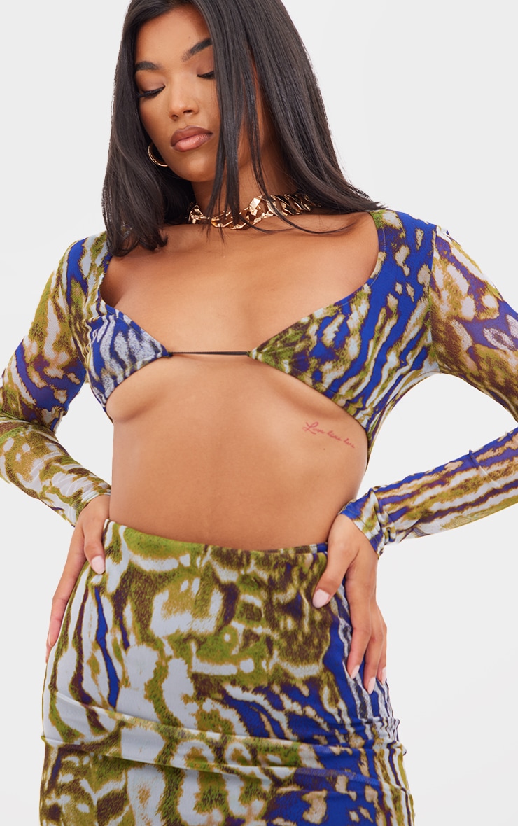  Multi Animal Print Mesh Cup Detail Long Sleeve Maxi Dress image 4