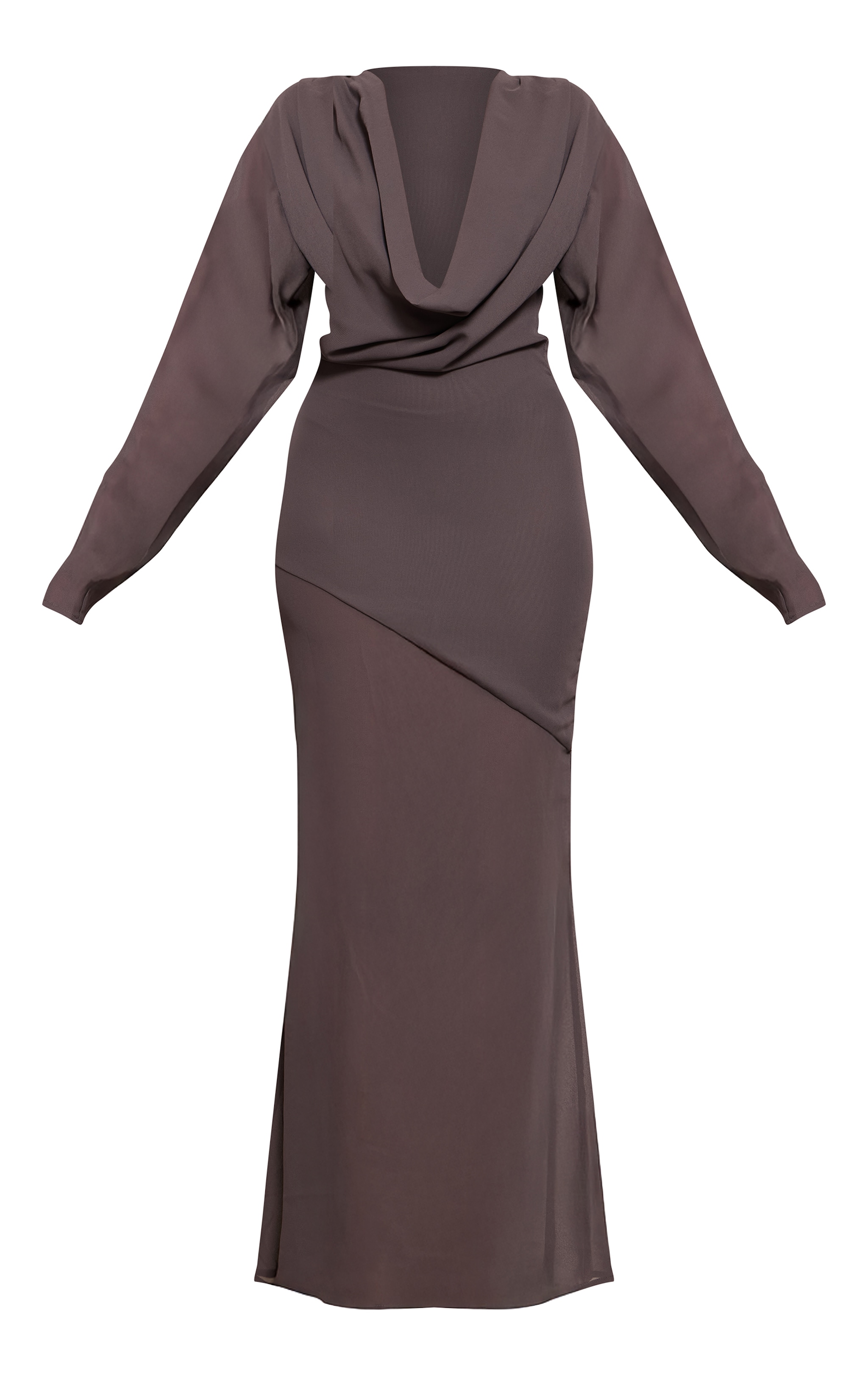 Grey Chiffon Extreme Cowl Neck Long Sleeve Maxi Dress image 5
