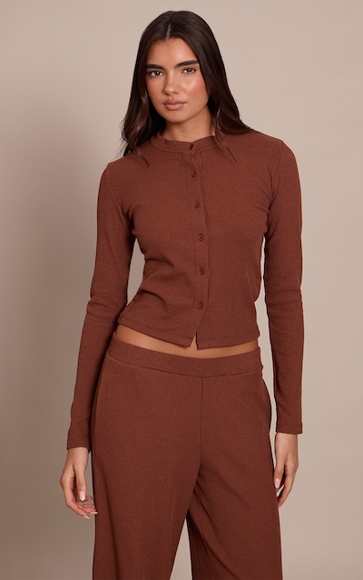 Cardigan ajusté côtelé chocolat à manches longues et boutons