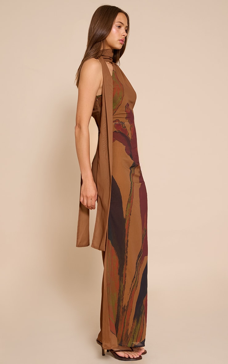 Brown Floral Print Chiffon High Neck Maxi Dress image 3