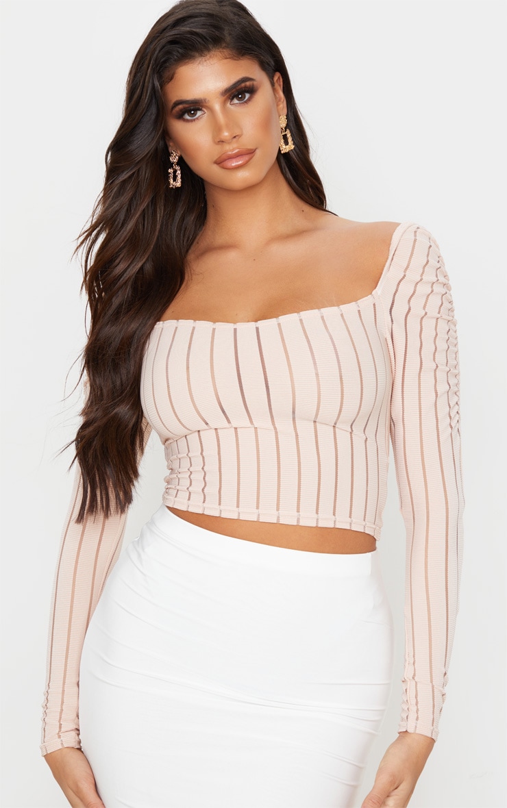 Nude Sheer Rib Ruched Shoulder Crop Top Prettylittlething