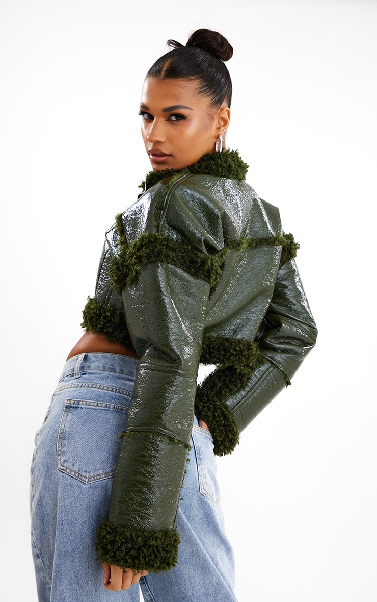  Khaki Contrast Borg Vinyl Cropped Jacket image 2