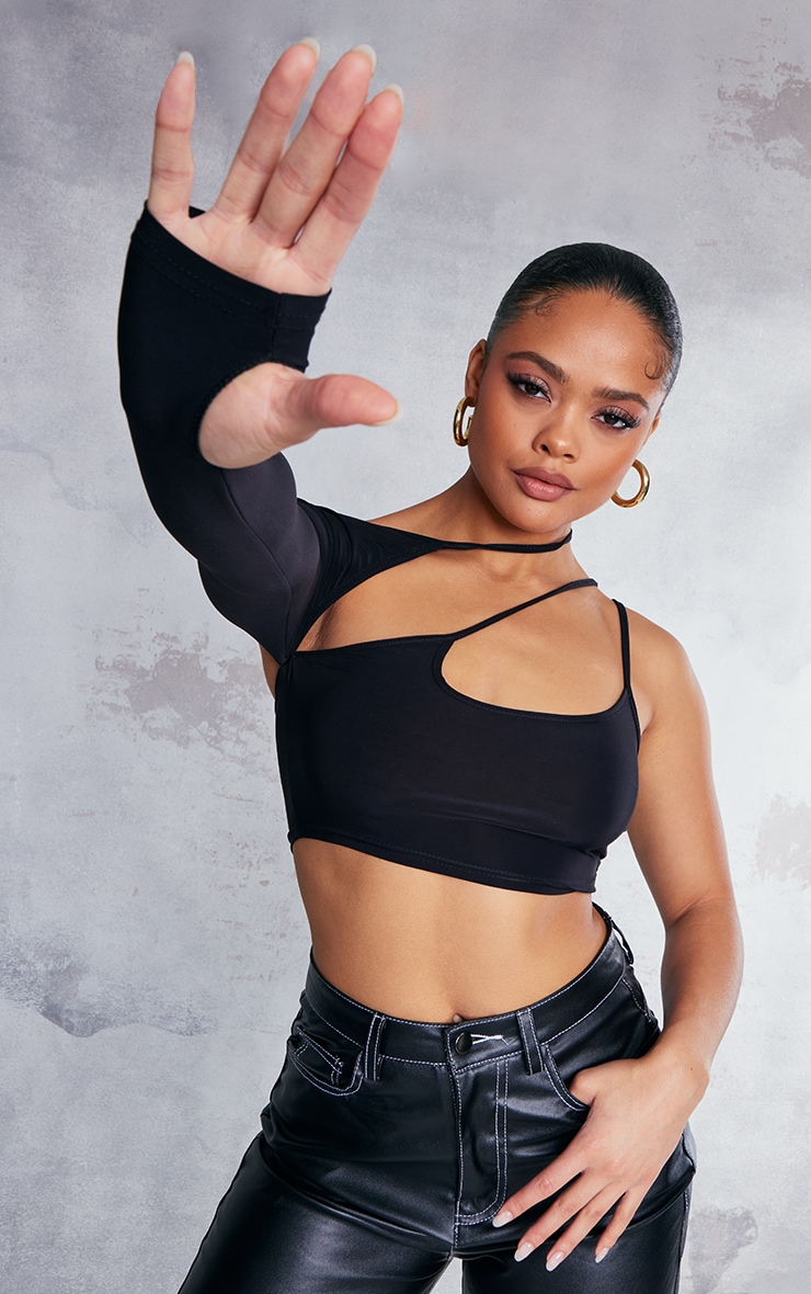 Black Cut Out Slinky One Sleeve Crop Top