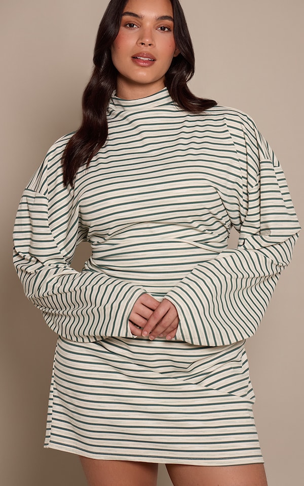 Plus Khaki Striped Batwing Ruched Bodycon Dress