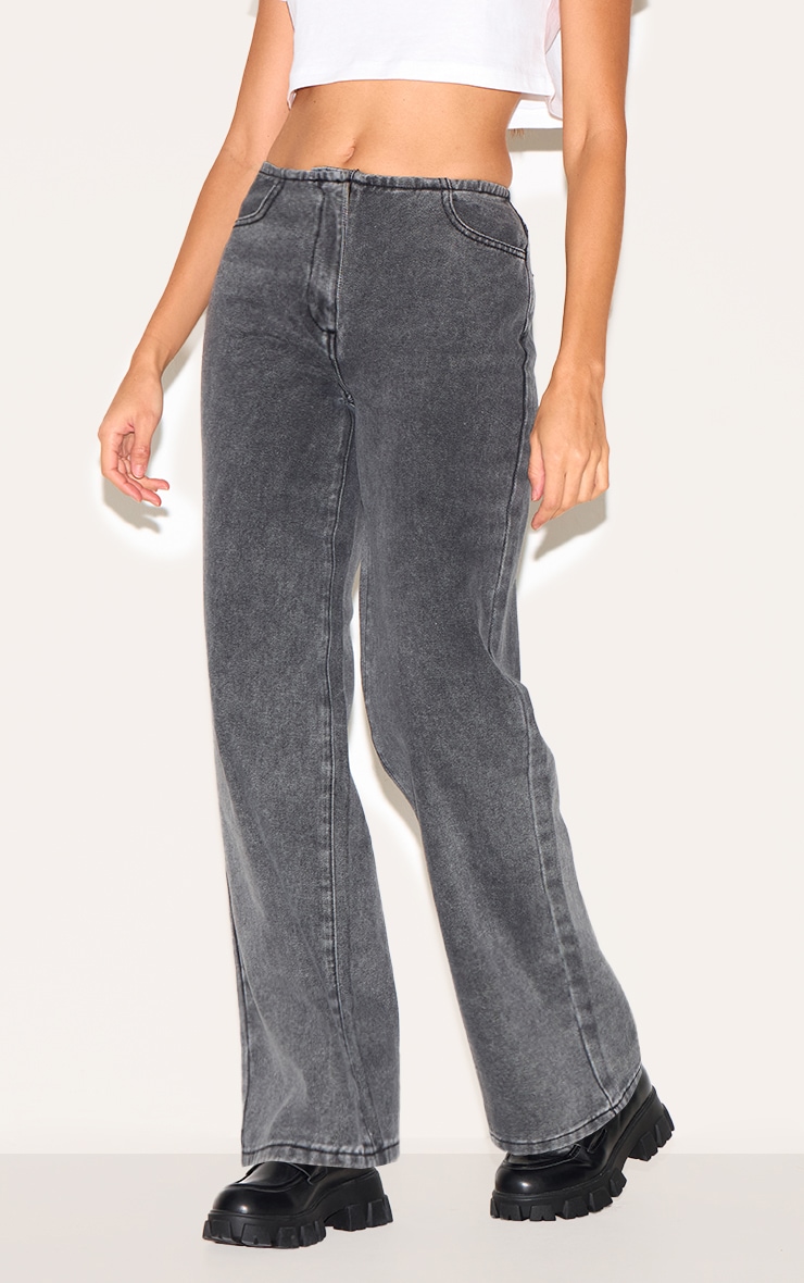 Jean droit gris délavé à taille haute et bande invisible image 2