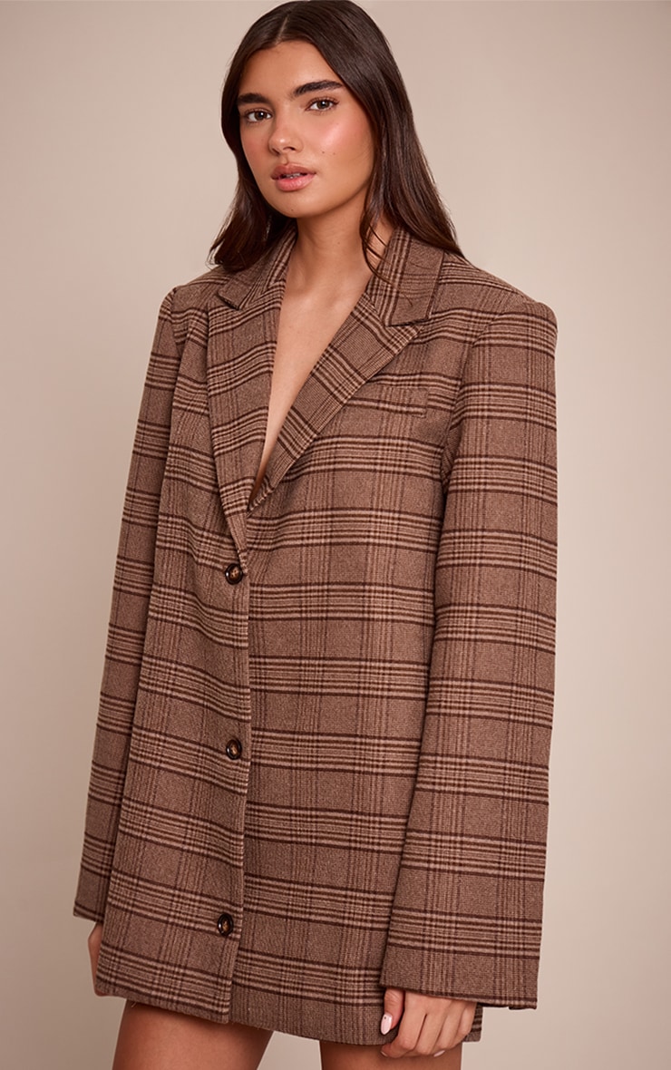 Brown Check Oversized Structured Blazer Dress image 1
