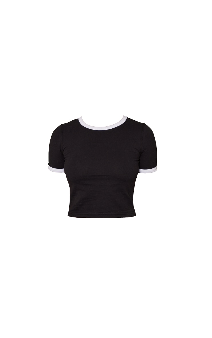 Black Contrast Binding Fitted Crop T Shirt image 2