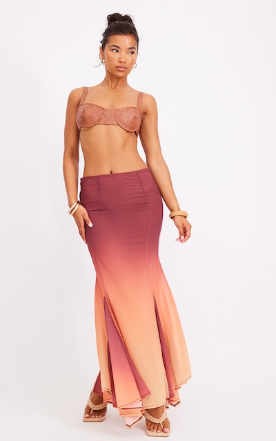 Brown Ombre Printed Chiffon Handkerchief Hem Maxi Skirt