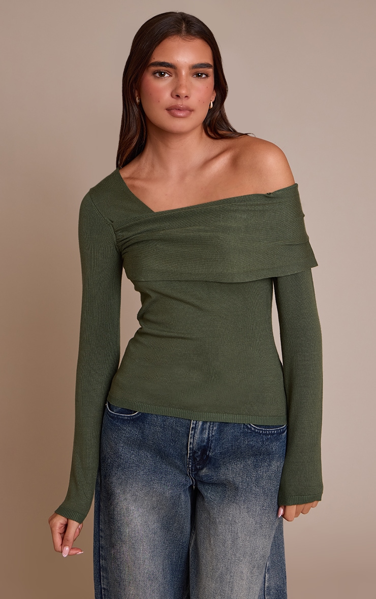 Olive Long Sleeve Asymmetric Shoulder Knitted Top image 1