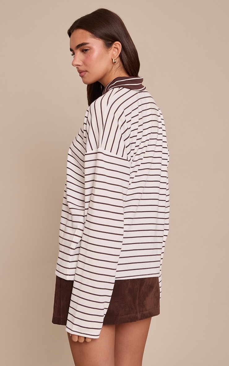 Cream Striped Collared Rugby Style Oversized Long Sleeve Top  image 2