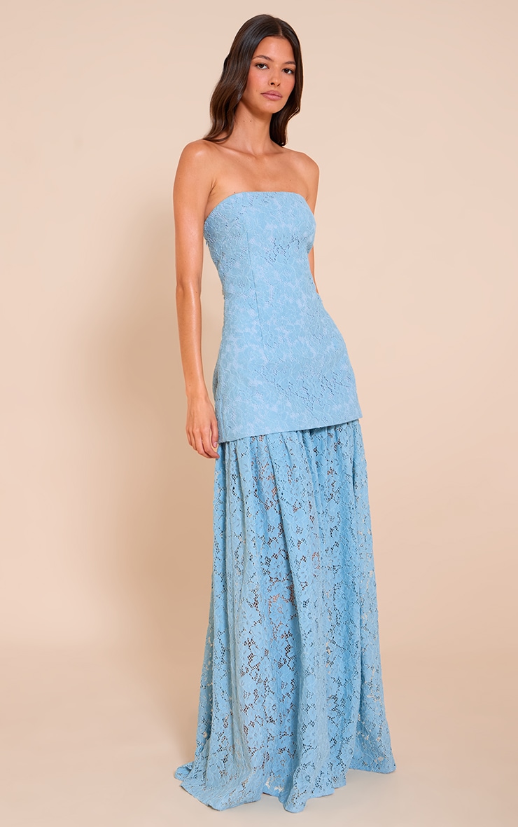 Light Blue Lace Sheer Skirt Panel Bandeau Midaxi Dress image 1