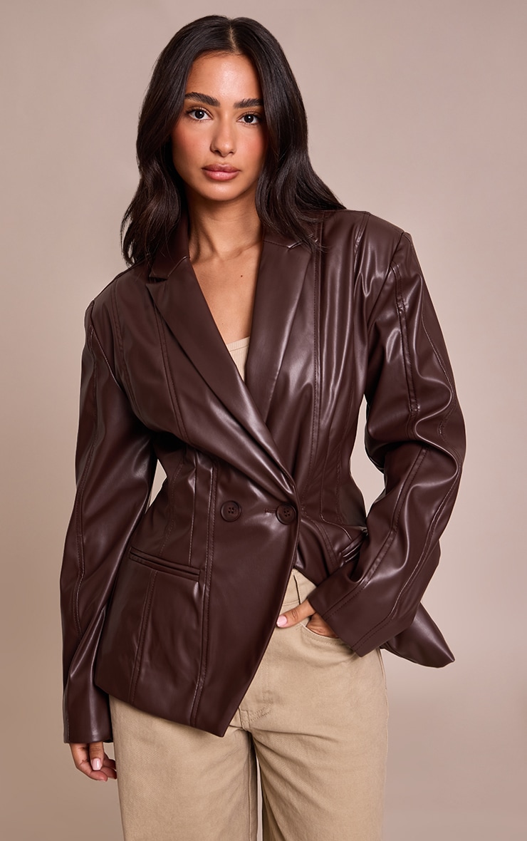 Petite Chocolate Panel Detail Faux Leather Blazer