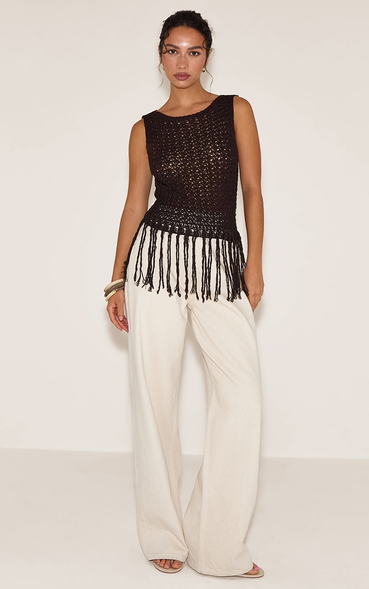 Chocolate Crochet Boat Neck Fringe Top image 3