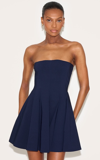 Robe bustier droite tissée stretch bleu marine plissée