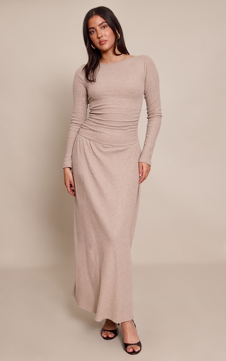 Taupe Long Sleeve Asymmetric Drop Hem Maxi Dress image 1
