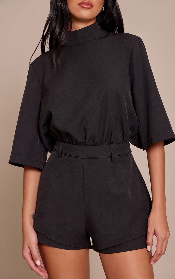 Black Woven Short Sleeve Tailored Playsuit image 4