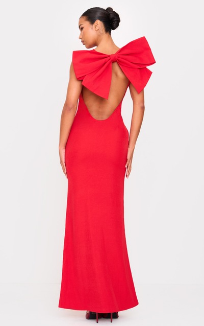 Red Oversized Bow Scoop Back Maxi Dress